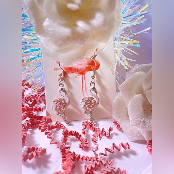 Silver Crystal flamingo dangle and drop earrings, pretty, summer, tropical, - Picture 5 of 10